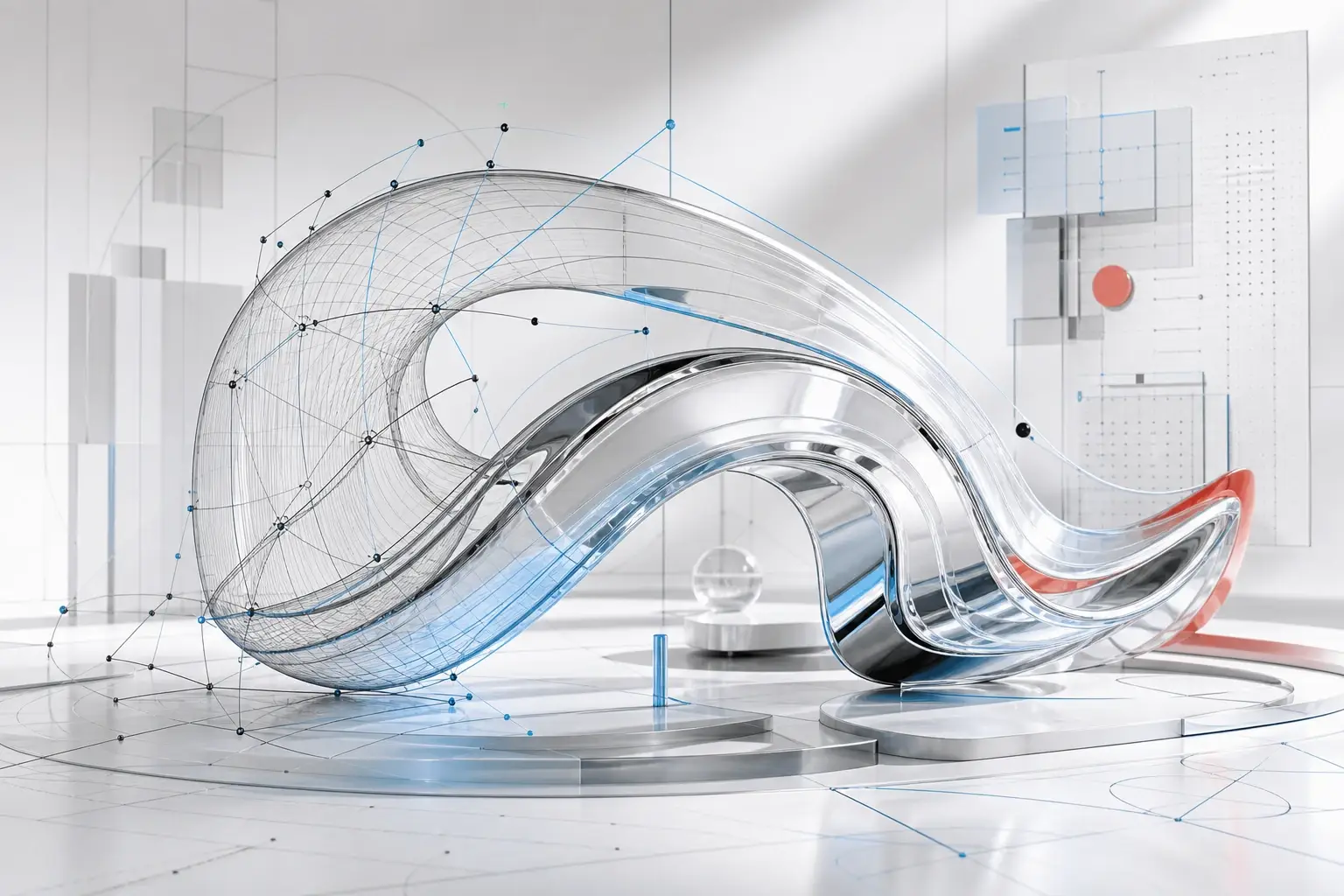 Glossy three-dimensional vector sculpture surrounded by precise construction geometry