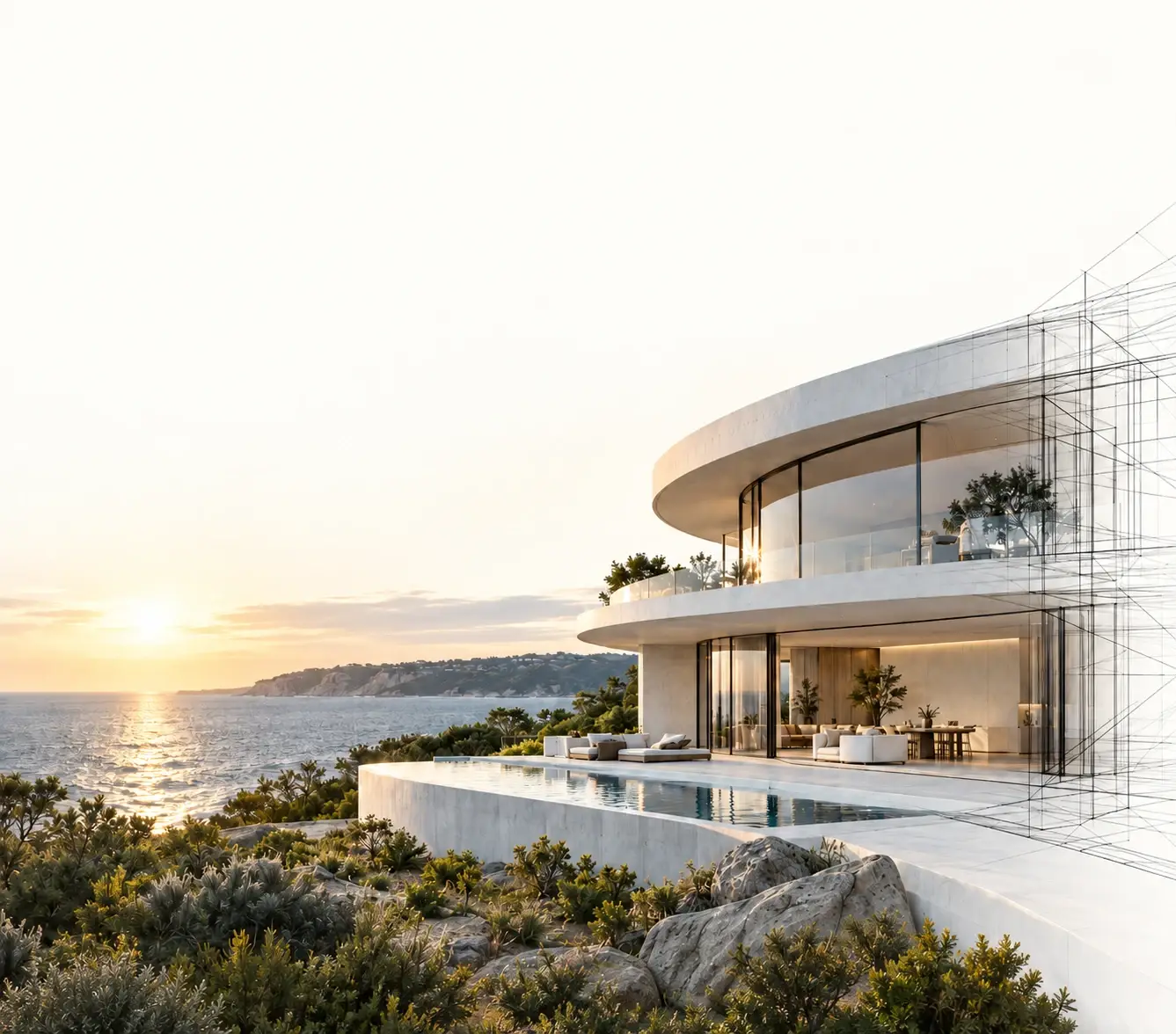 Curved coastal residence transitioning from architectural wireframe to a finished design